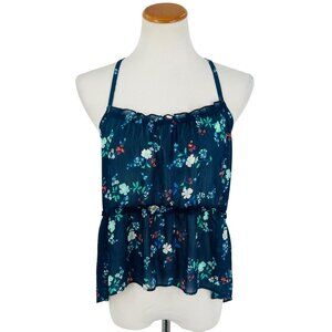 NWT Hollister Floral Blue Sleeveless Chiffon Semi-Sheer Peplum Top